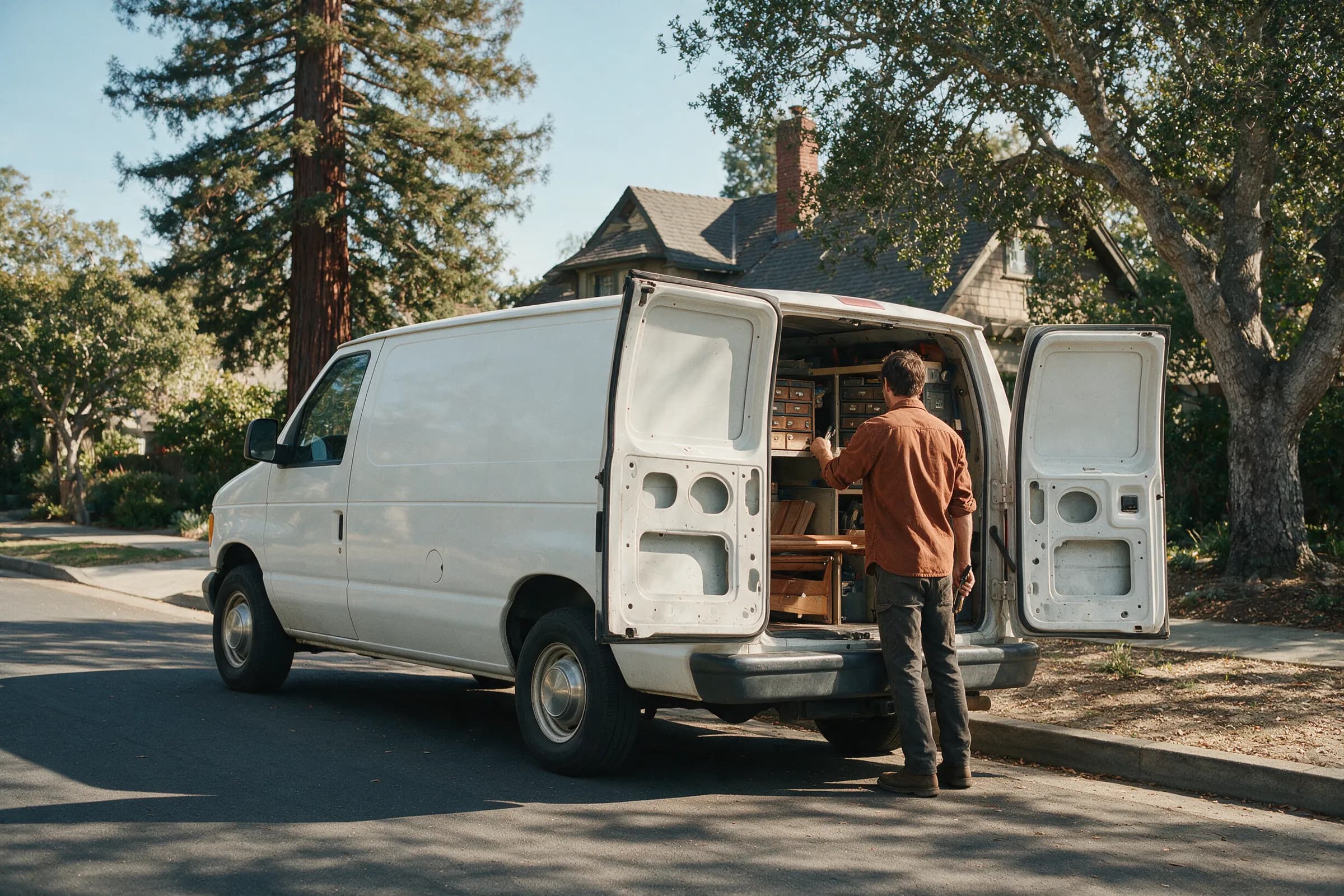 Sequoia Lock & Key van on a tree-lined Redwood City street